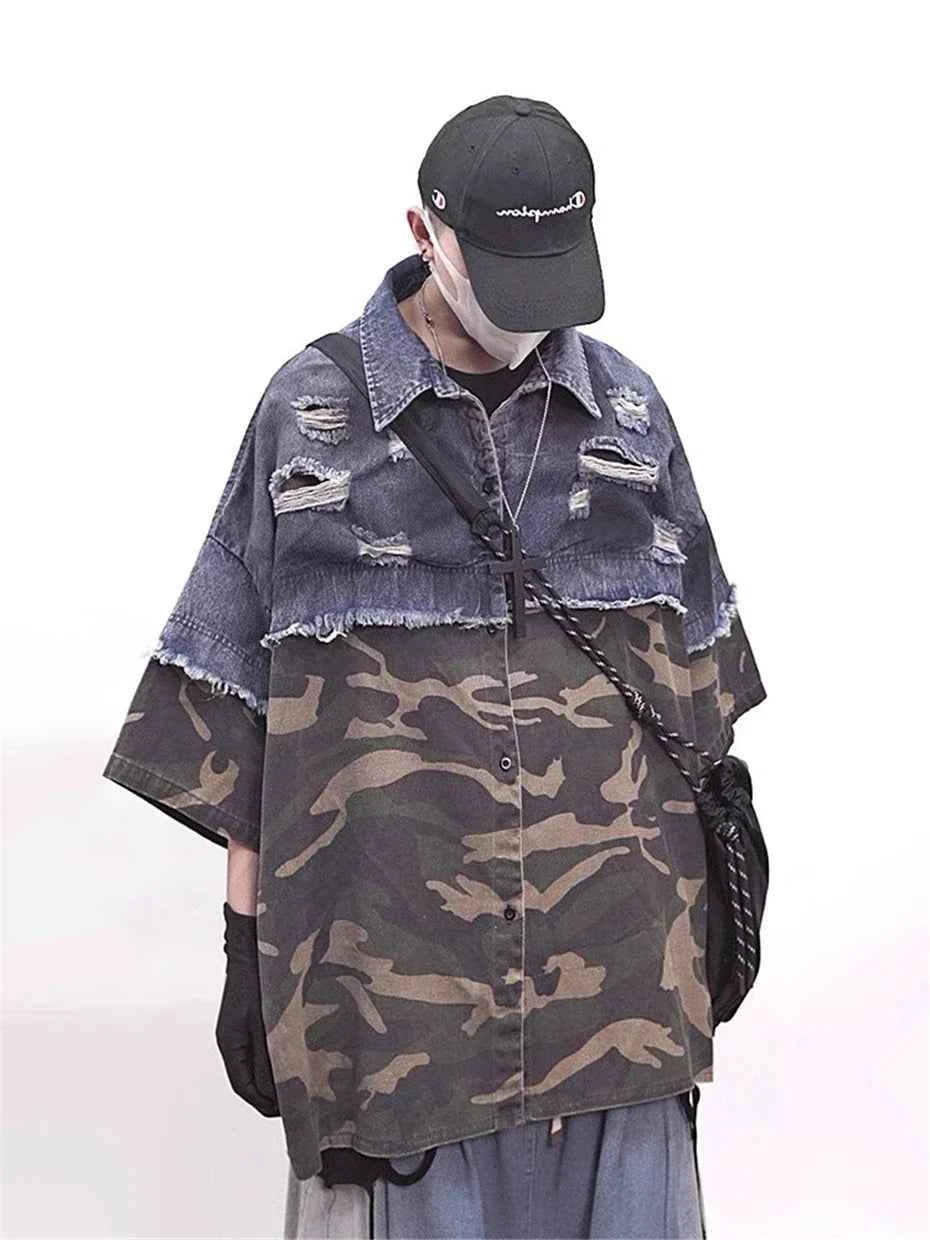 Vintage Camouflage Splicing Denim Shirt
