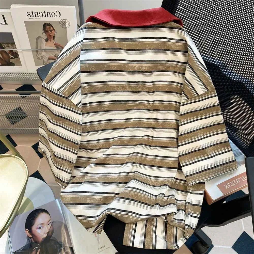 Vintage Striped Patchwork Lace-Up Polo T-Shirt