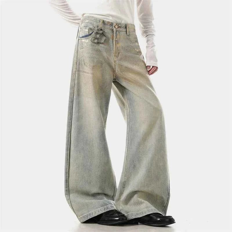 Chic Coated Printing Washed Wide Leg Jeans