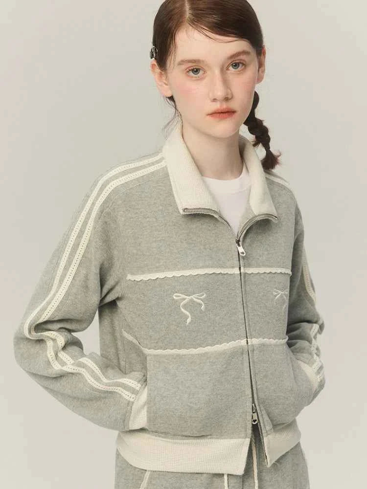 Sweat Retro Lace Embroidery Zip Up Sweatshirt