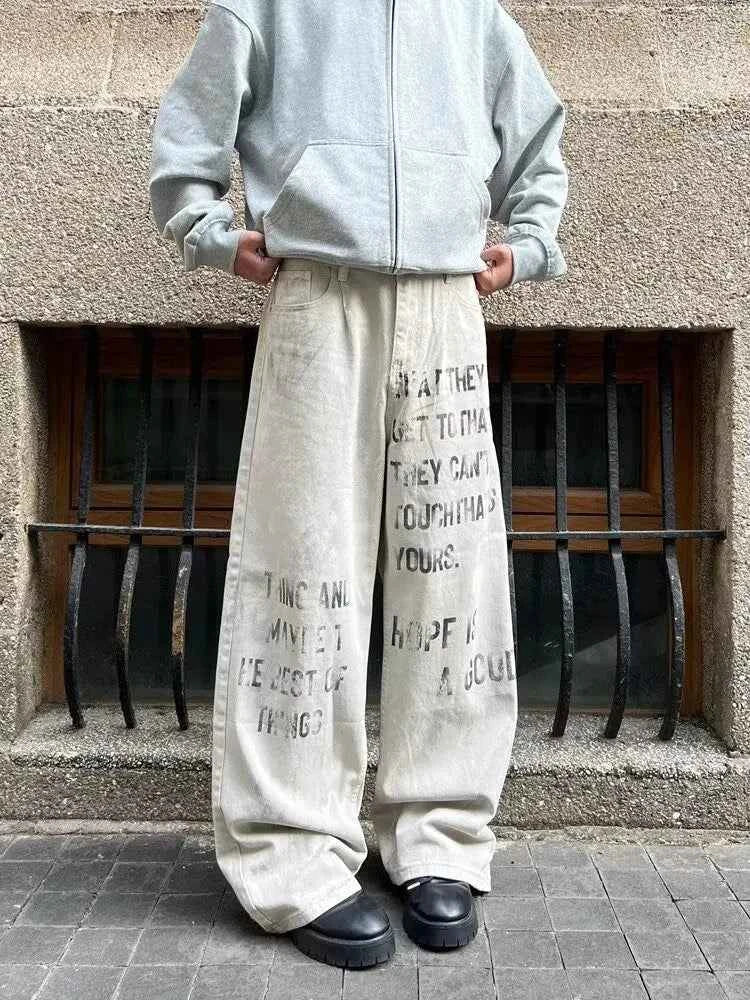 Cyber Y2K Printed White Baggy Jeans