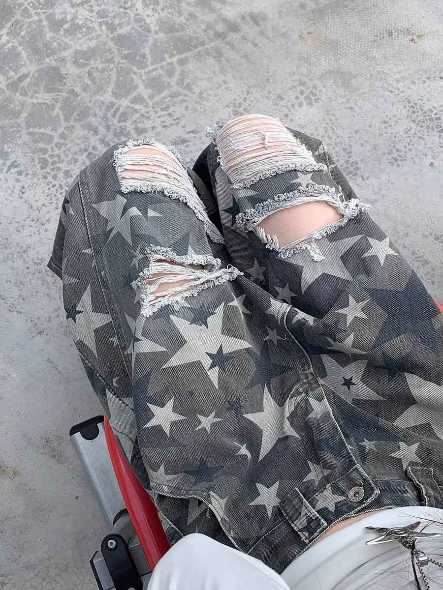 Camo Destroyed Loose Fit Boyfriend Denim Jeans