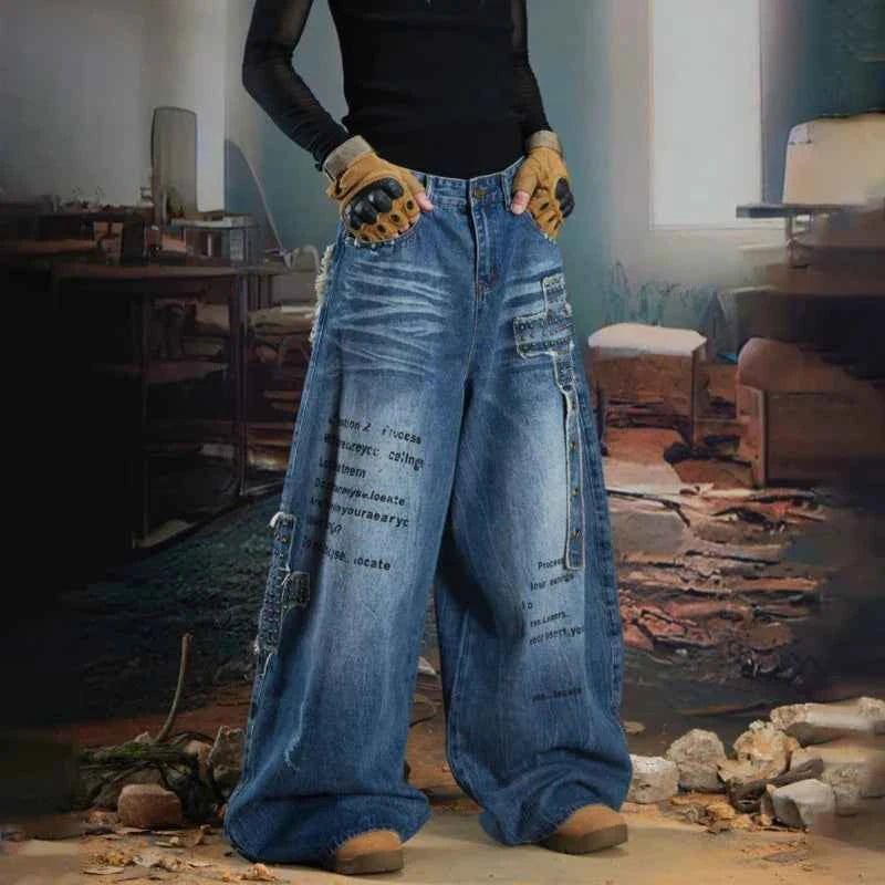 Vintage Patchwork Design Ripped Wide Leg Jeans