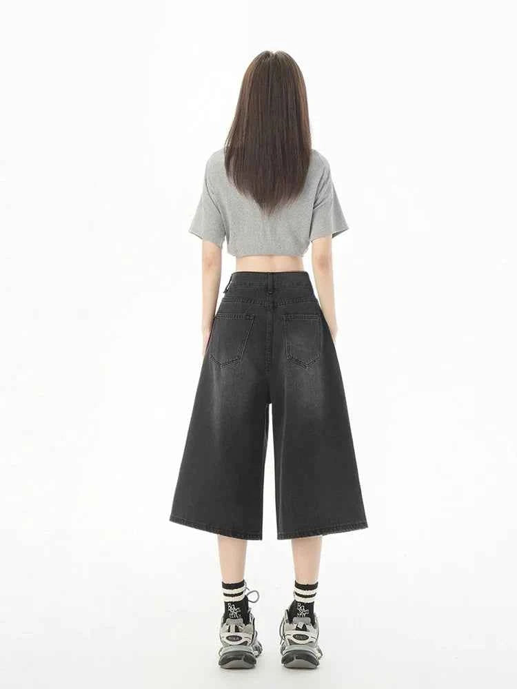 Women Casual Chic Black Wide Leg Denim Jorts