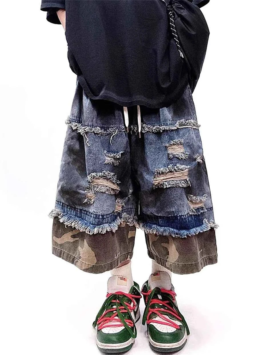 Retro Camouflage Splicing Denim Jorts