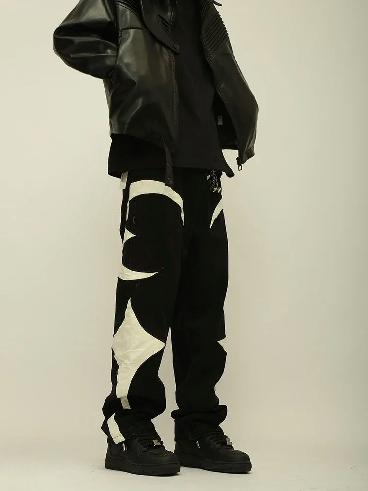 Crescent Embroidery Patchwork Baggy Pants