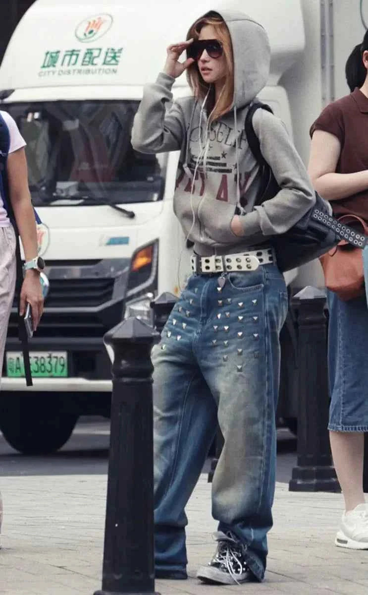 Vintage Washed Rivet Design Wide Leg Jeans