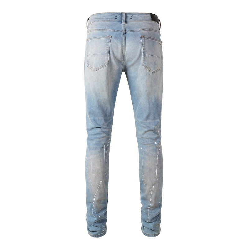Light Blue Distressed Onyx Rhinestone Slim Jeans