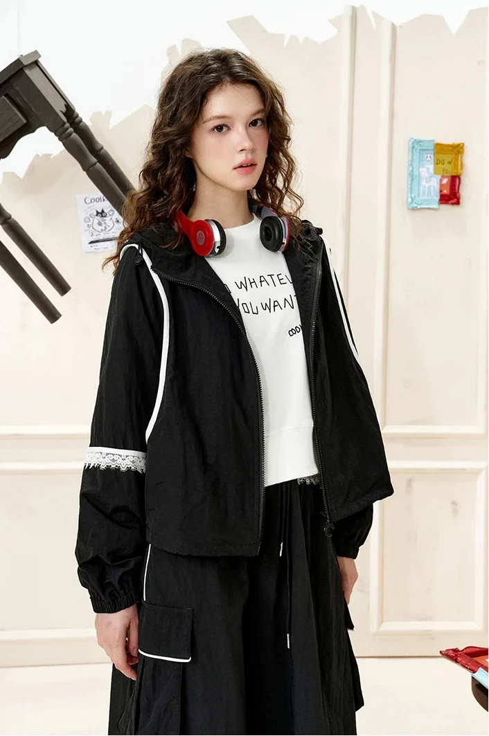 Stylish Lace Patchwork Hooded Windbreaker Jacket - Luxuryurbanwear