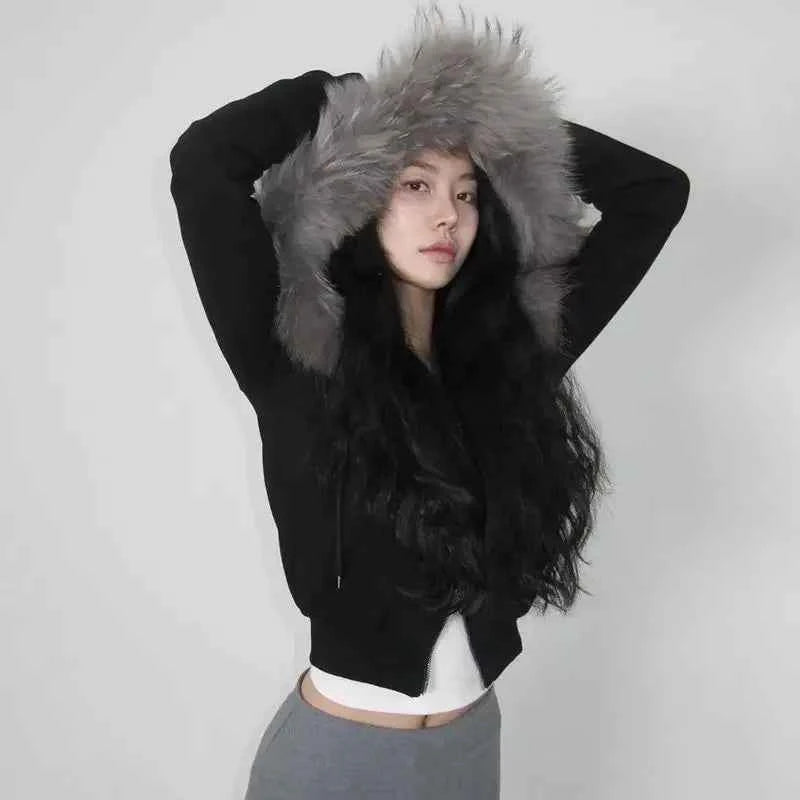 Cozy Patchwork Furry Zipper Hooded Sweatshirt