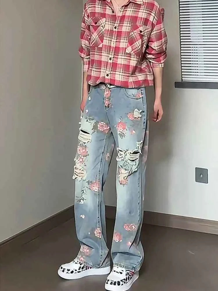 Retro Peony Flower Jacquard Ripped Jeans