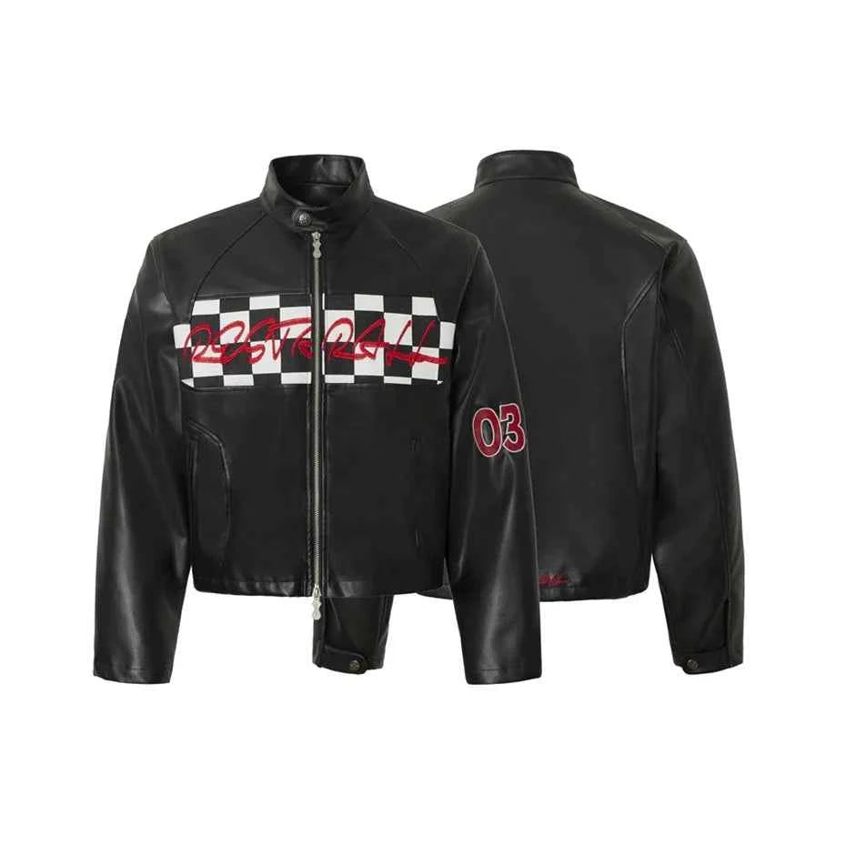Stylish Hip Hop Plaid Zip Up PU Leather Motorcycle Jacket