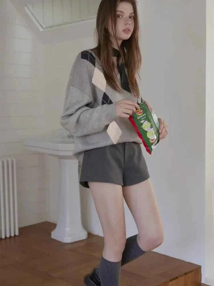 Women Vintage Argyle Gray Oversized Sweater