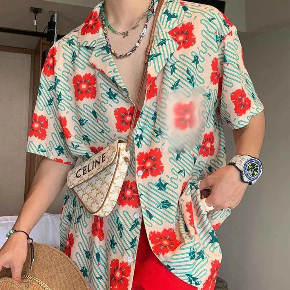 Colorful Hawaiian Flower Print Beach Shirt