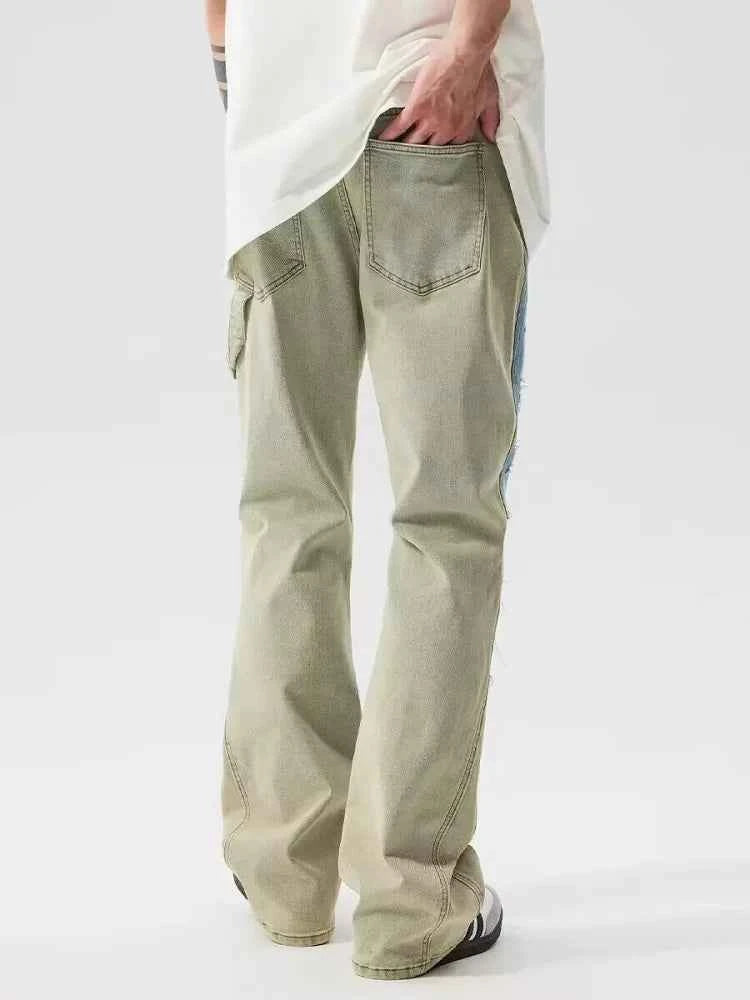 Blue Patchwork Baggy Stacked Wide Leg Flow Jeans