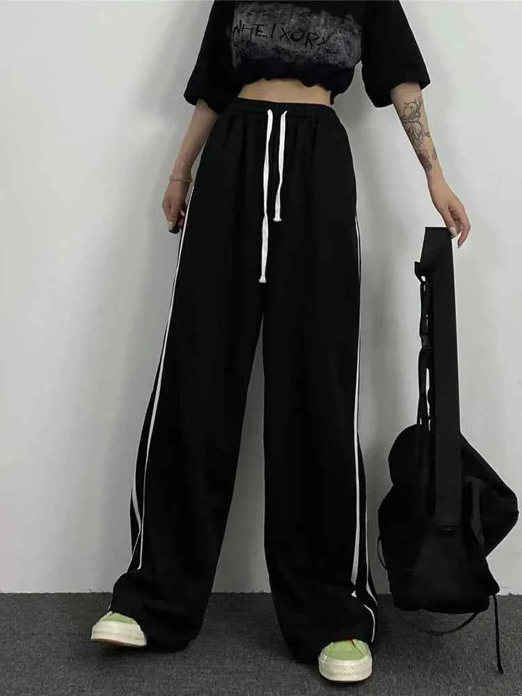 Women Vintage Striped High Waist Black Casual Pants