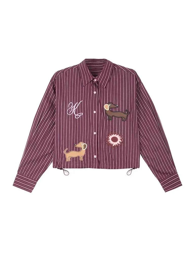 Cute Striped Cartoon Dog Embroidered Shirt
