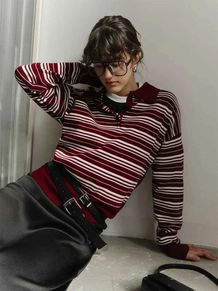 Streetwear Vintage Striped Knitted Polo Collar T-Shirt