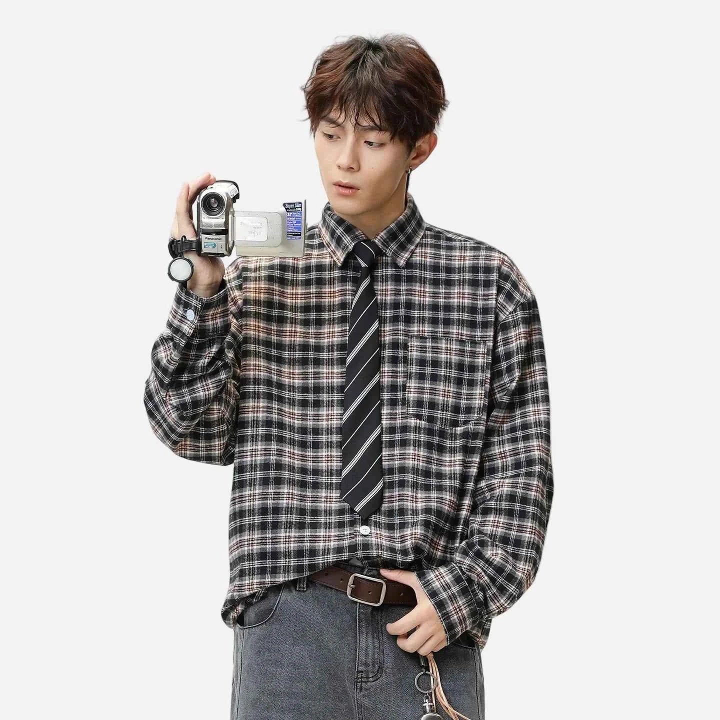 Retro Y2K Plaid Color Block Long Sleeve Shirt