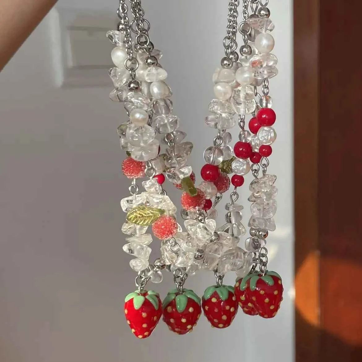 Aesthetic Handmade Beaded Strawberry Pendant Necklace