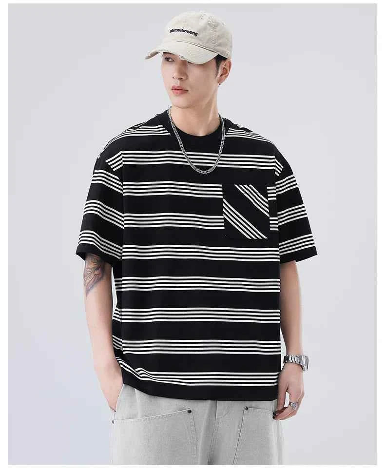 Chic Loose Fit Striped with Front Pocket T-Shirt