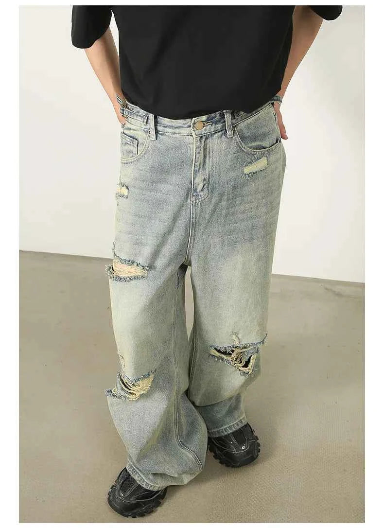 High End Blue Loose Ripped Jeans