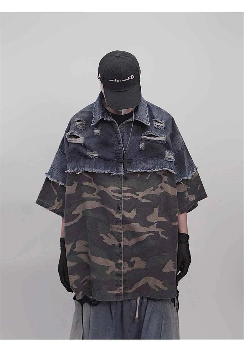 Vintage Camouflage Splicing Denim Shirt