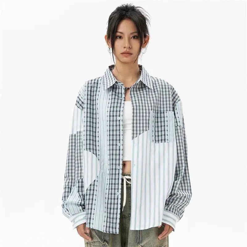 Women Plaid Patchwork Oversized Blouse Shirt