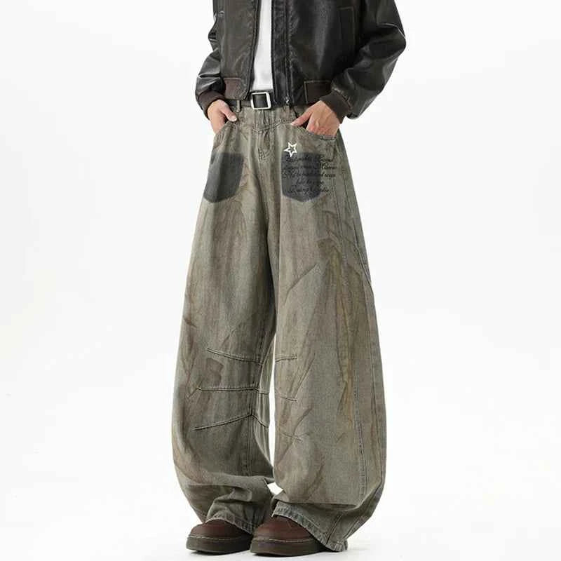American Style Star Printing Dirty Dying Denim Jeans