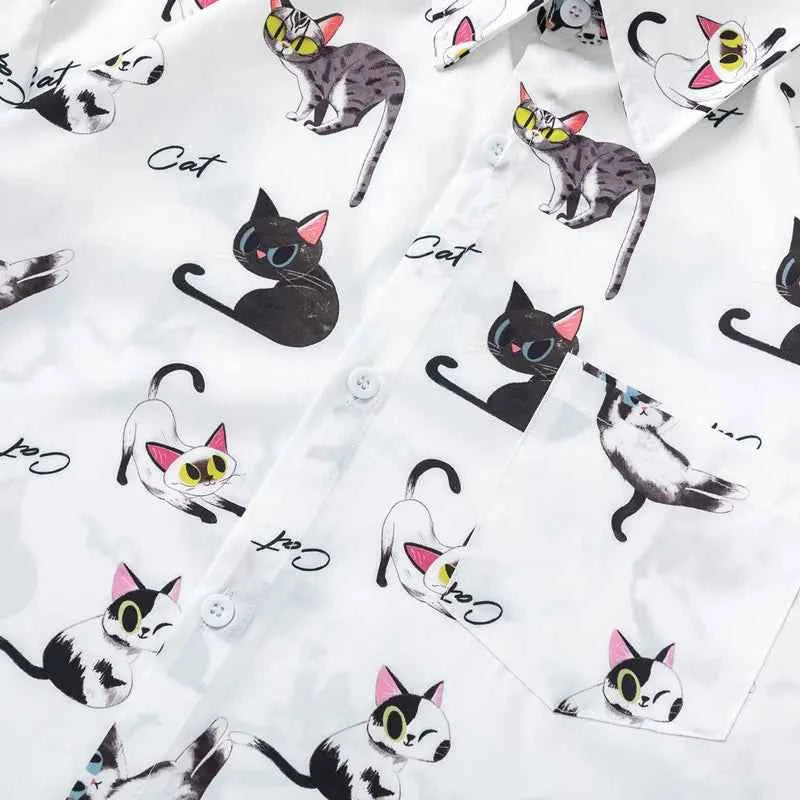 Y2K Funny Cat Graphic Lightweight Beach Shirt