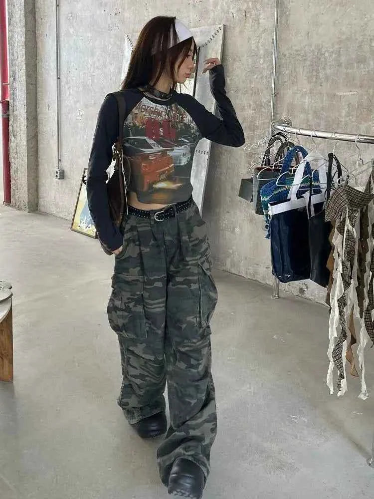 Vintage Washed Camouflage Print Wide Jeans