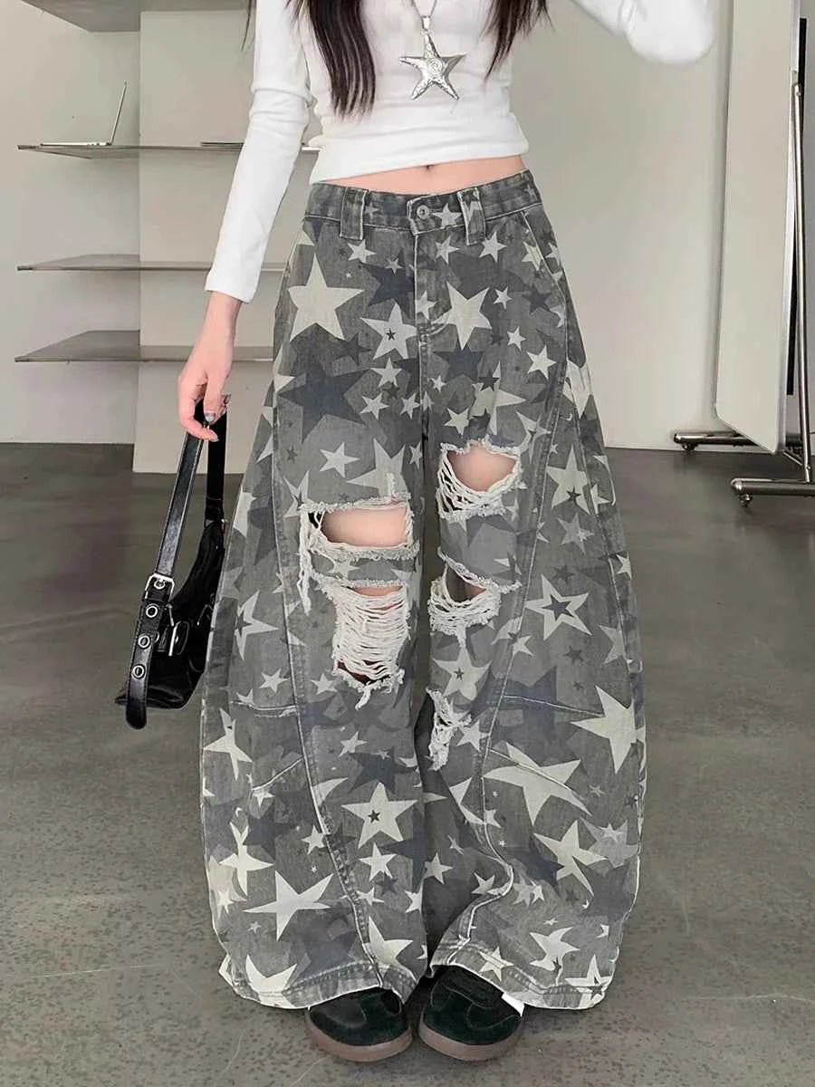 Camo Destroyed Loose Fit Boyfriend Denim Jeans
