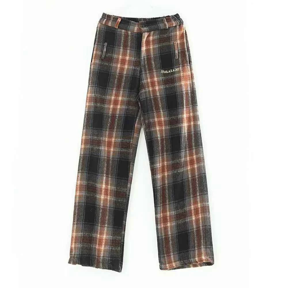 American Style Plaid Drape Straight Leg Pants