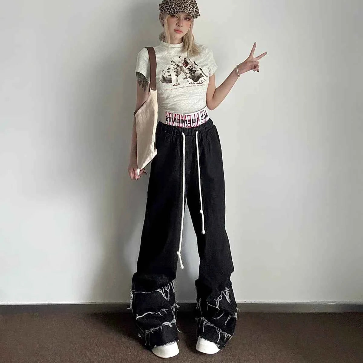 Elastic Waist Drawstring Camouflage Flare Jeans
