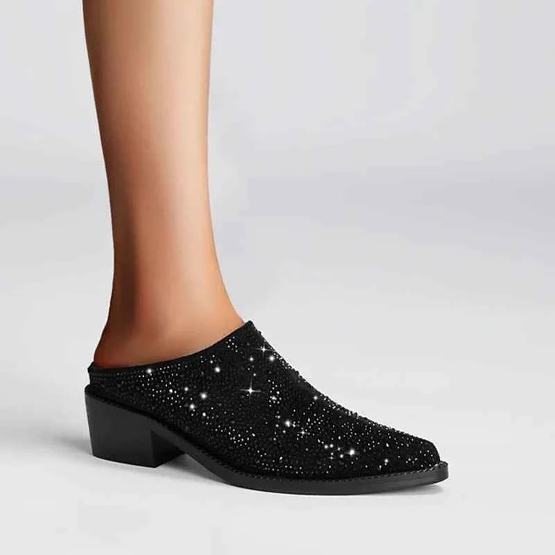LUW Crystal Pointed Mules - Luxury Rhinestone Baotou Thick-Heel Pumps