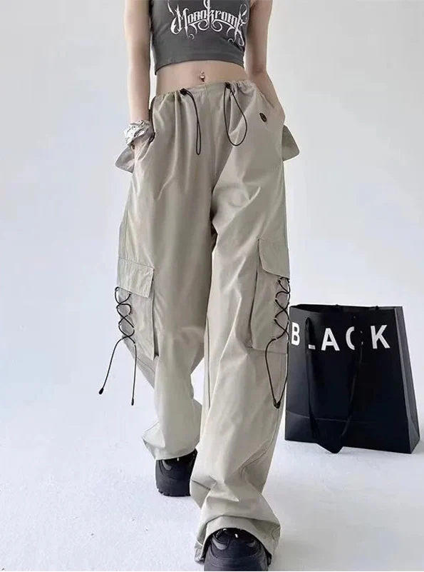 American Style Solid Pleated Wide Leg Cargo Pants - Luxuryurbanwear