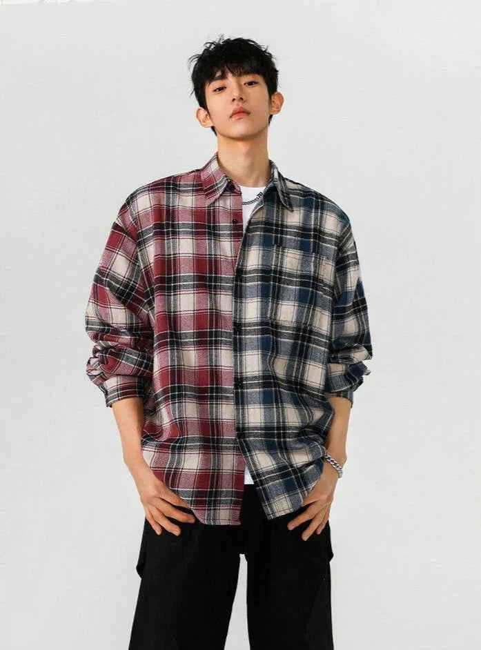 Streetwear Stylish Two Color Plaid Patchwork Cotton Long Shirt