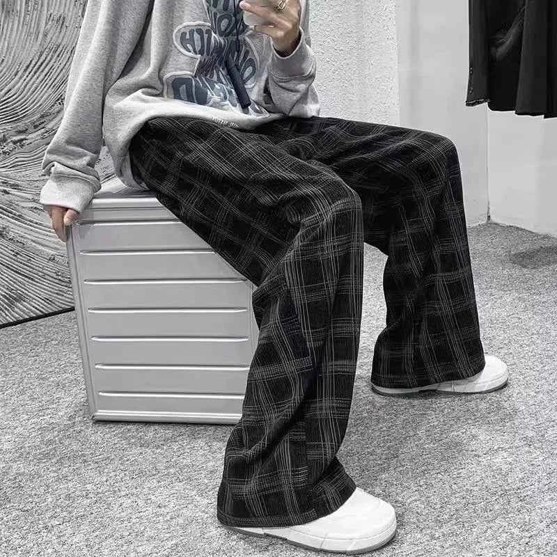 Streetwear Hip Hop Plaid Corduroy Wide Leg Pants