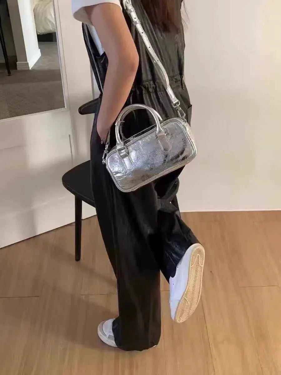 Purse Silver Square Leather Messenger Bag