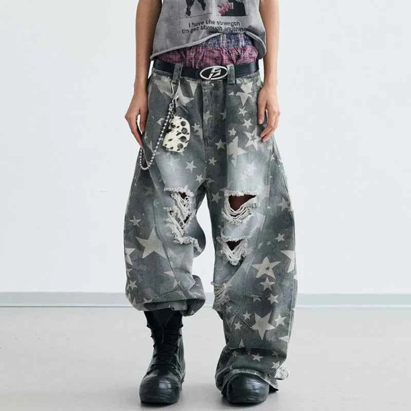 Star Printed Streetwear Wide Leg Denim Jeans