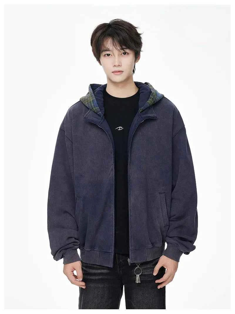 Vintage Streetwear Plaid Zipper Cool Hooded Sweatshirt