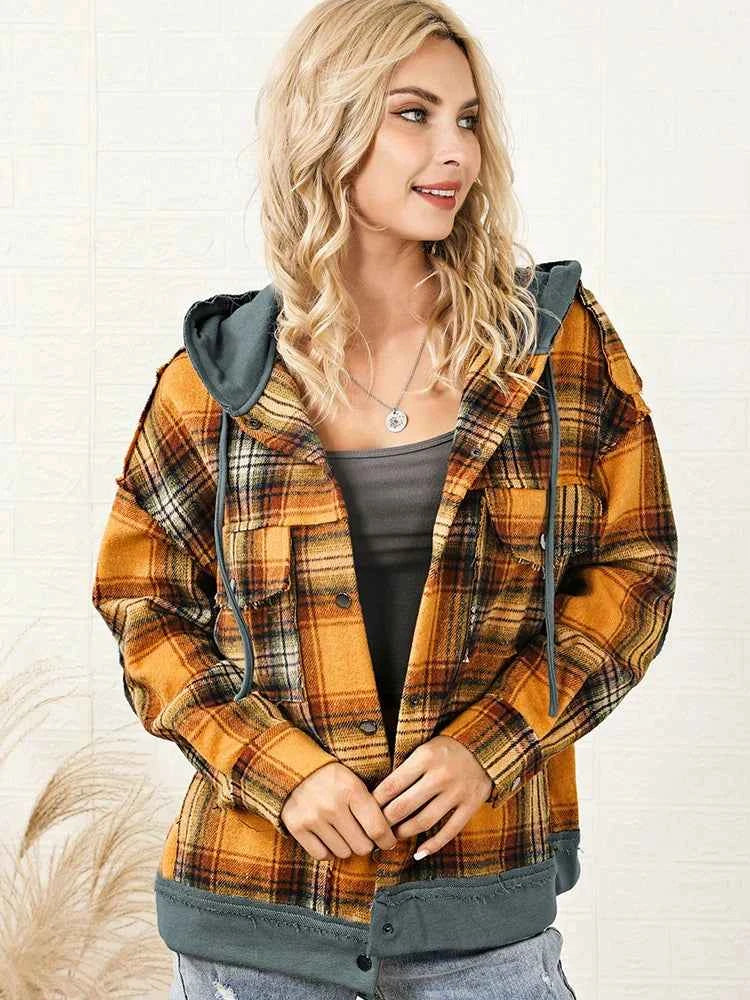 GypsyLady Orange Plaid Hooded Jacket - Women’s Oversized Flannel Streetwear Parka