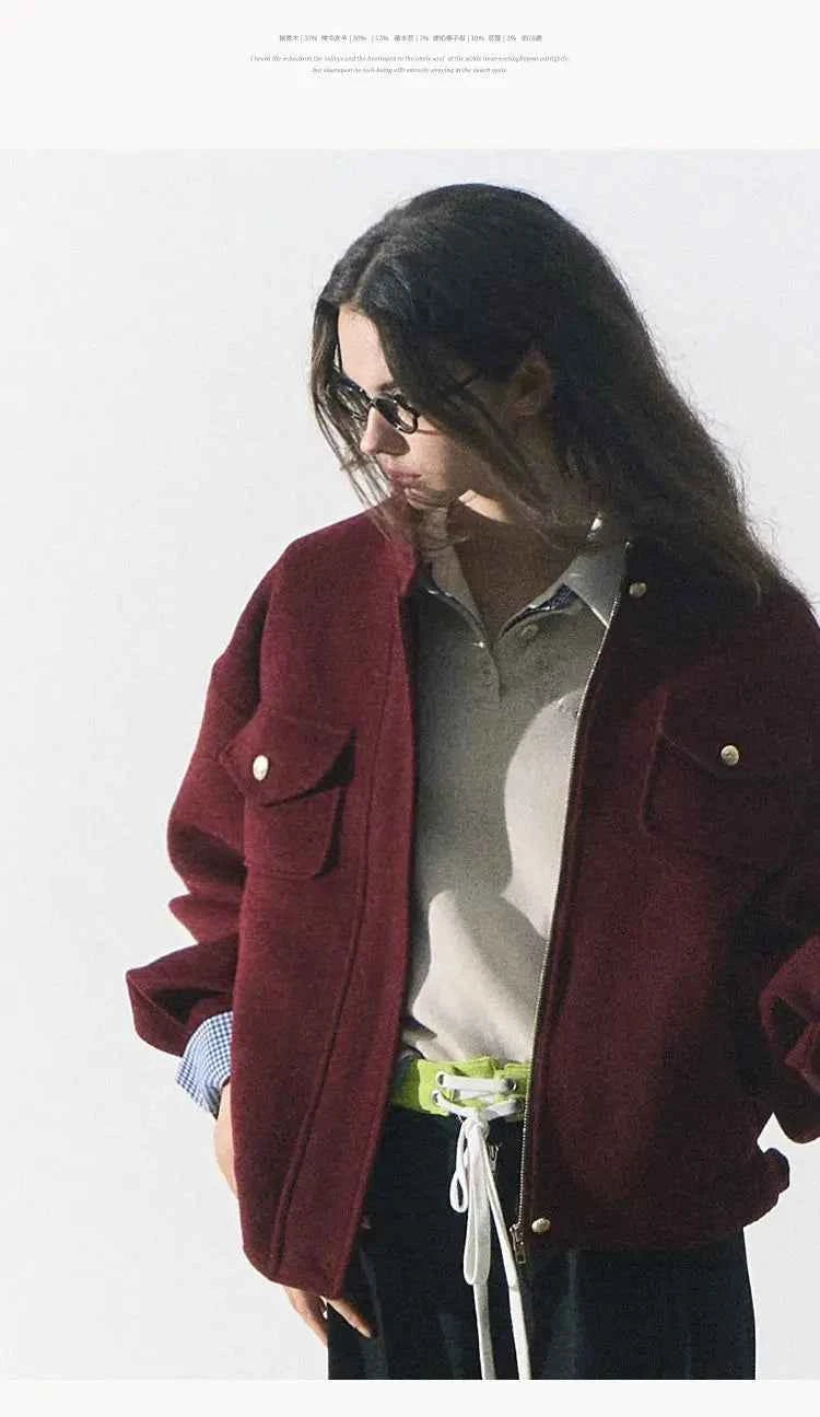 Red Woolen Commuting Baseball Jacket