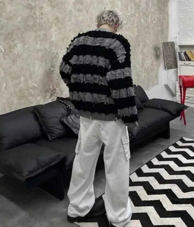 Classic Hairy Striped Round Neck Sweater