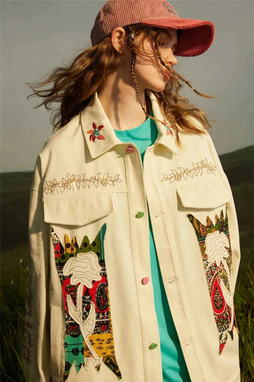 National Floral Embroidery Patchwork Denim Jacket