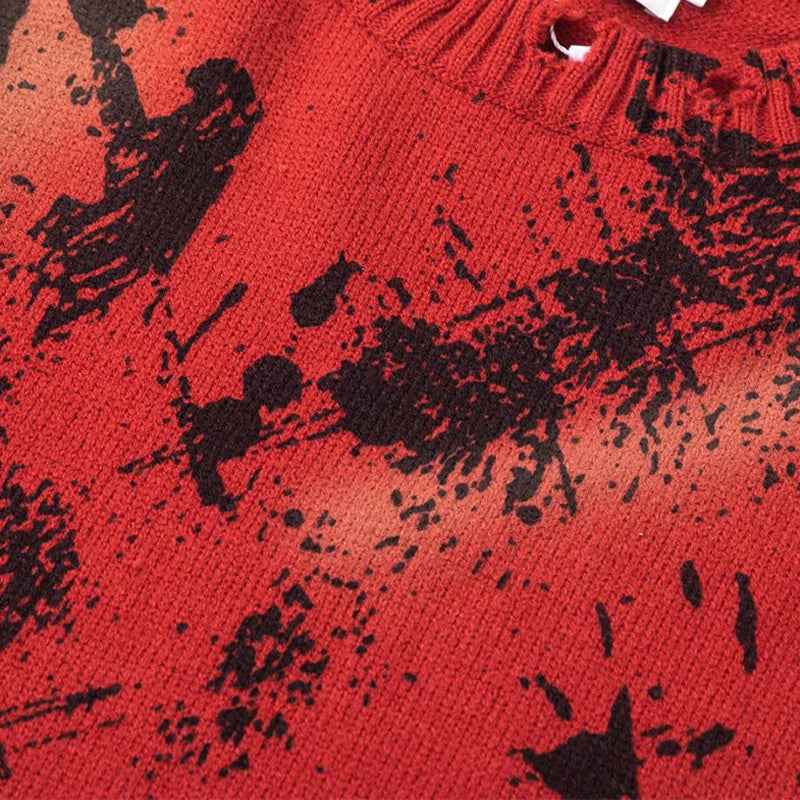 Flattering Distressed Ripped Red Ink Splashing Sweater