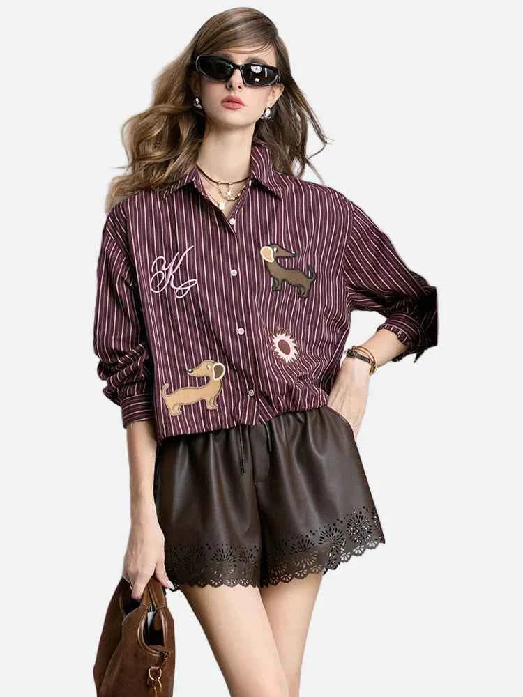 Cute Striped Cartoon Dog Embroidered Shirt