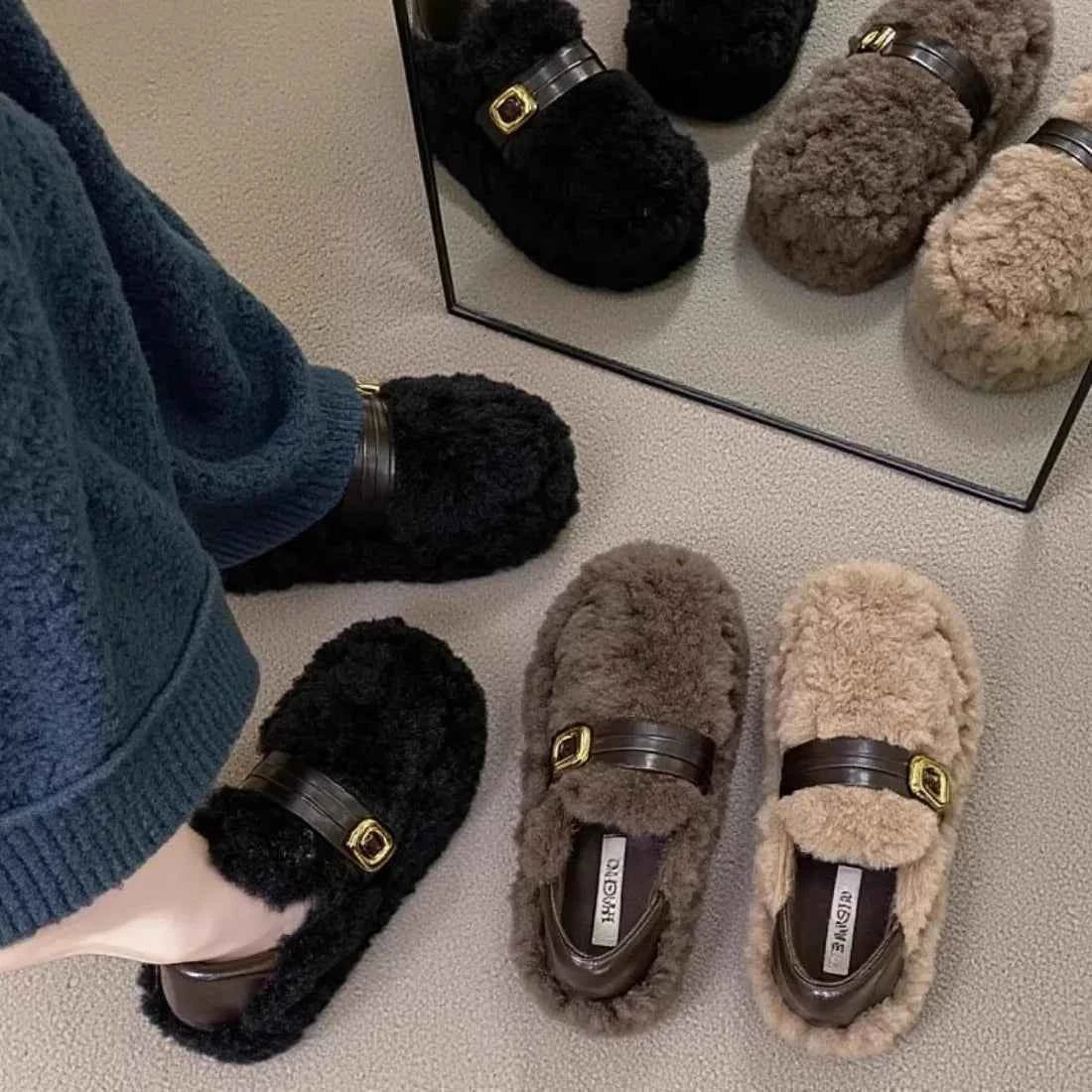 Chunky Fur Lined Platform Loafer Shoes