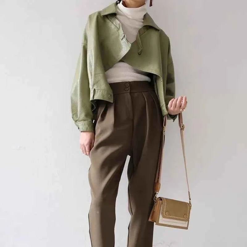 Women Avocado Green Leather Motorcycle Jacket
