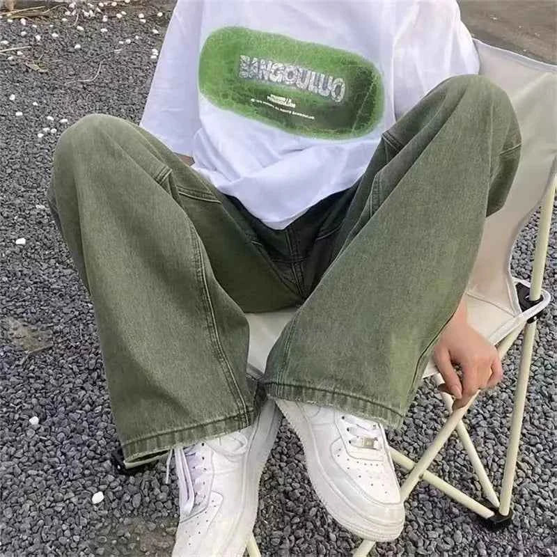 Streetwear Gradient Green Denim High Waist Jeans